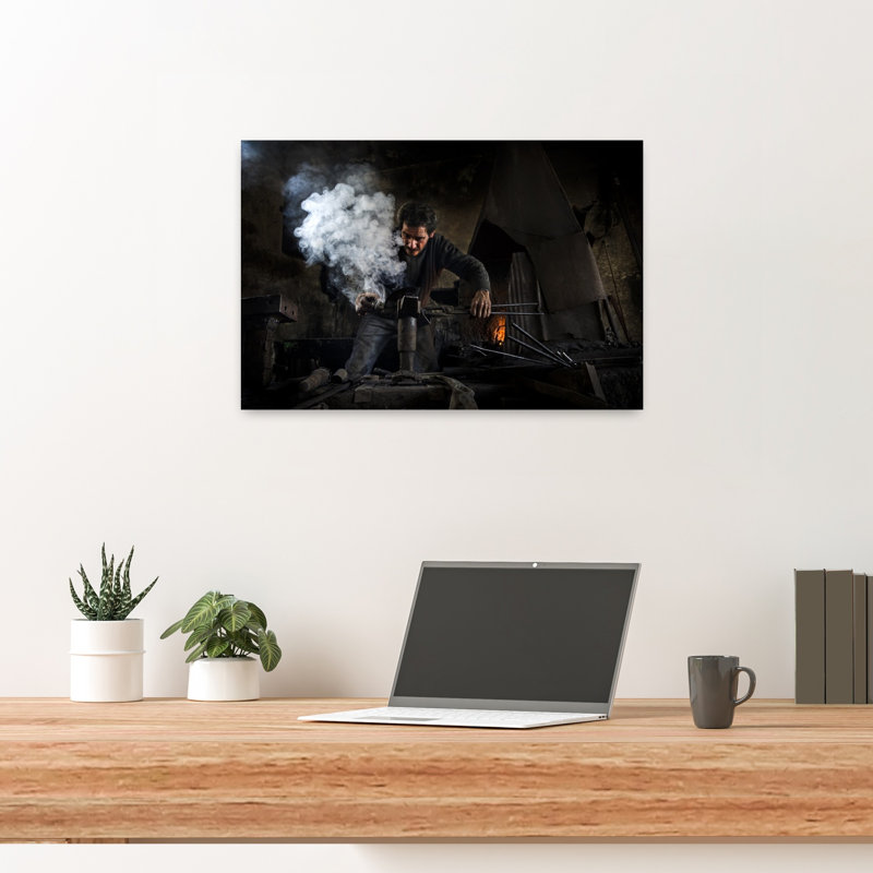 Affiche murale représentant une forge de forgeron fumante, architecture industrielle traditionnelle abstraite, 16" H x 24" W