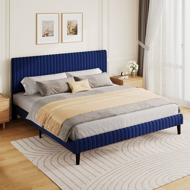 Tête de lit et pied de lit en velours avec revêtement matelassé, Très grand, Bleu