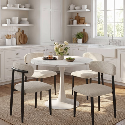 5 Pieces 35.4" Mid-Century Round Dining Table Set, Faux Marble Kitchen Dining Table Set for 4 with 4 Boucle Fabric Upholstered Dining Chairs