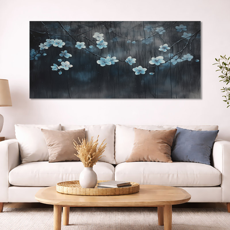 Art mural fleur de cerisier bleu, toile florale de minuit, Immanuel, H 28 po x l 60 po, Toile tendue