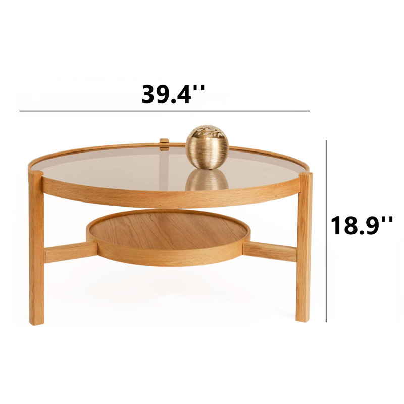 Table basse ronde à 2 niveaux en bois massif - plateau de table en verre trempé - 39 po de diamètre - chêne / noyer, Chêne
