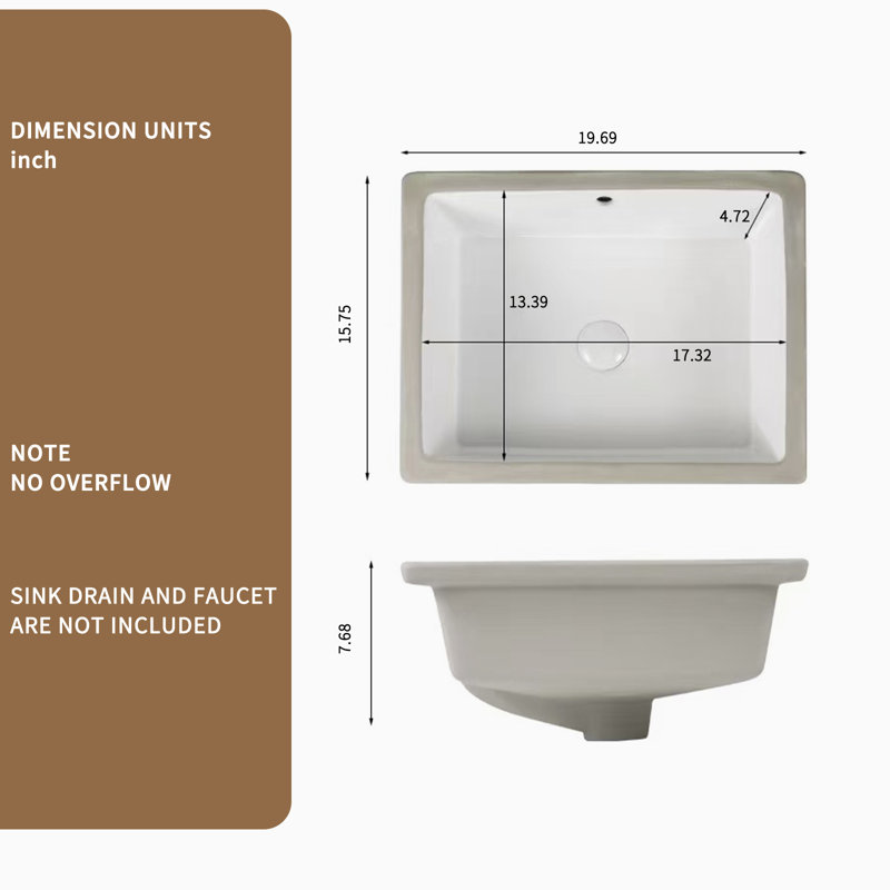 Lavabo de salle de bain rectangulaire encastré en céramique avec trop-plein Devries