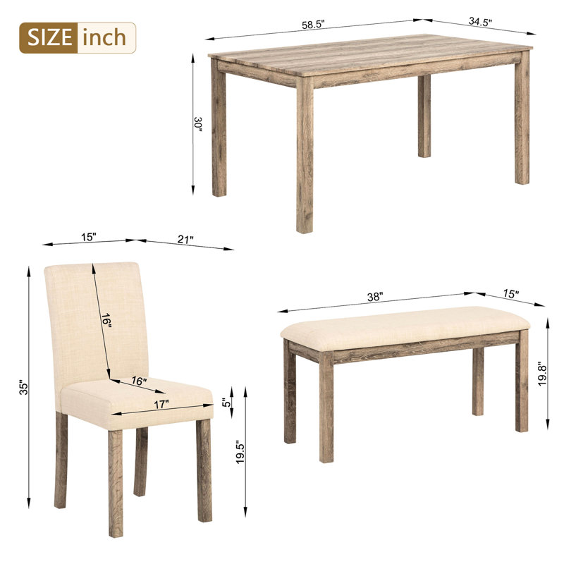 Table de salle à manger Brown 6 - aspect rustique avec table, banc, 4 chaises rembourrées, pieds en bois, cuisine de table et esthétique, structure, surface
