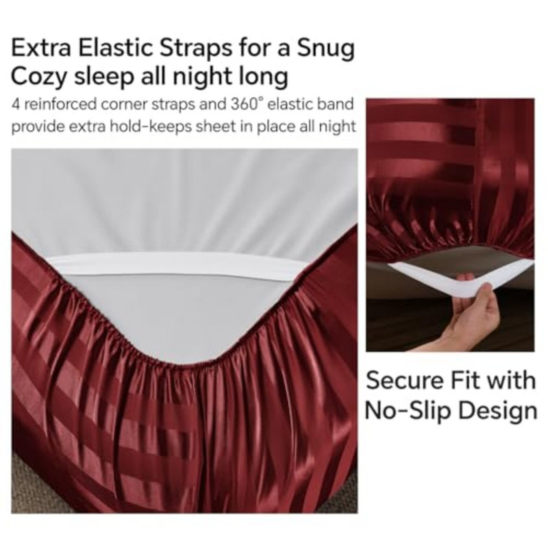 Ensemble de draps 4 pièces en satin de satin à rayures jacquard avec sangles élastiques
