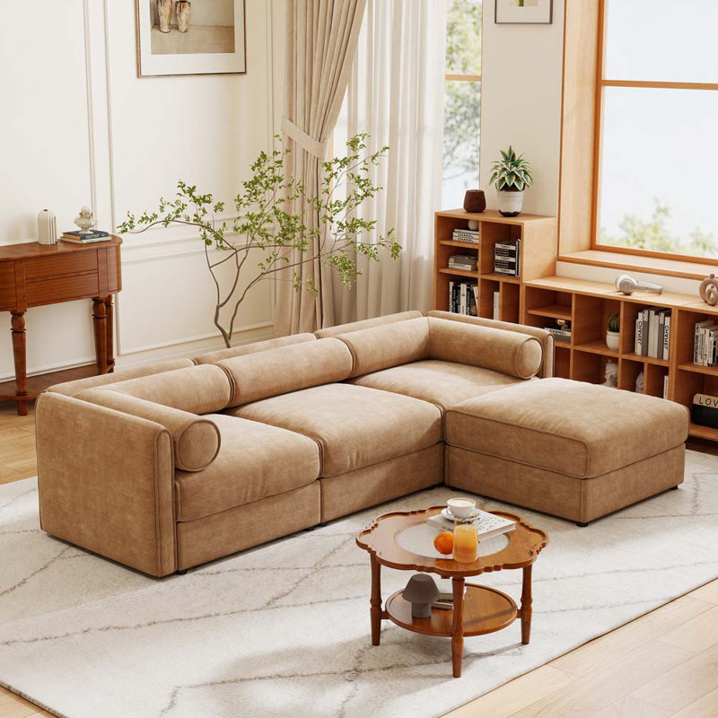 Canapé en chenille avec repose-pieds en tissu, 3, H 27,9 po x l 109 po x P 37,40 po, Chameau