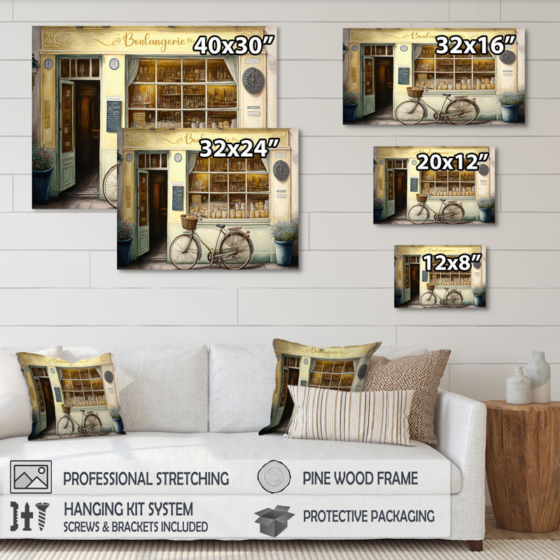 Vélo devant une boulangerie française I - Peinture sur toile, H 30 po x l 40 po x P 1,5 po, Toile tendue
