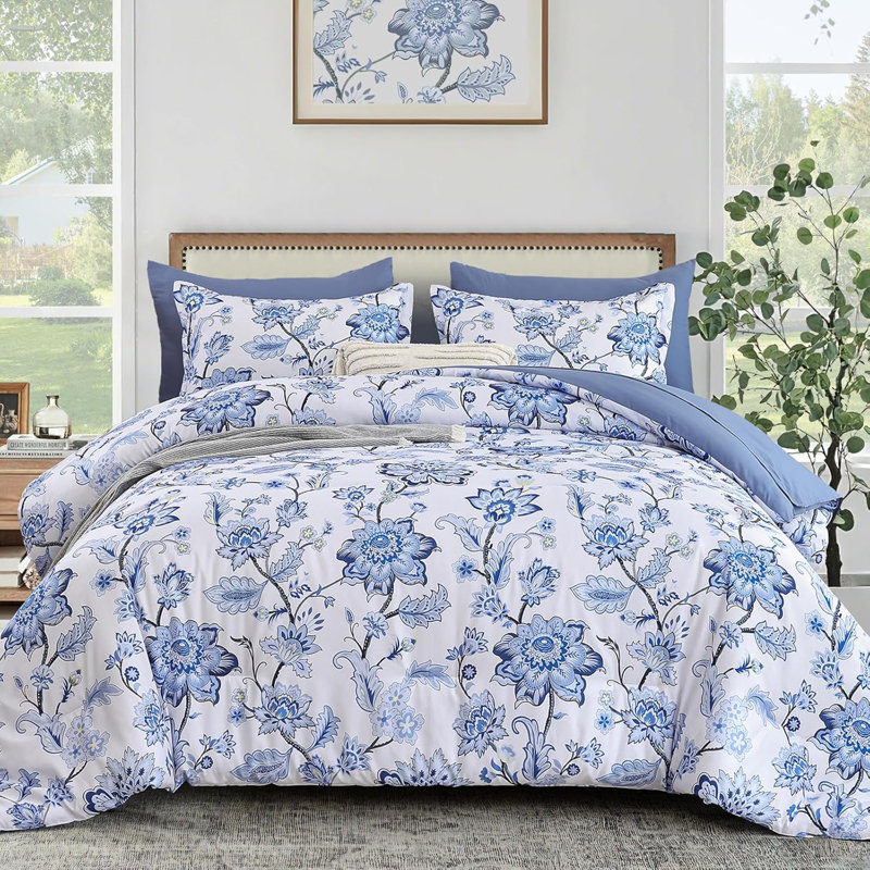 Ensemble d'édredon floral grand lit 7 pièces dans un sac Floral, ensemble de literie à motif cachemire bleu, édredon léger et doux avec ensemble de draps 90 po x 90