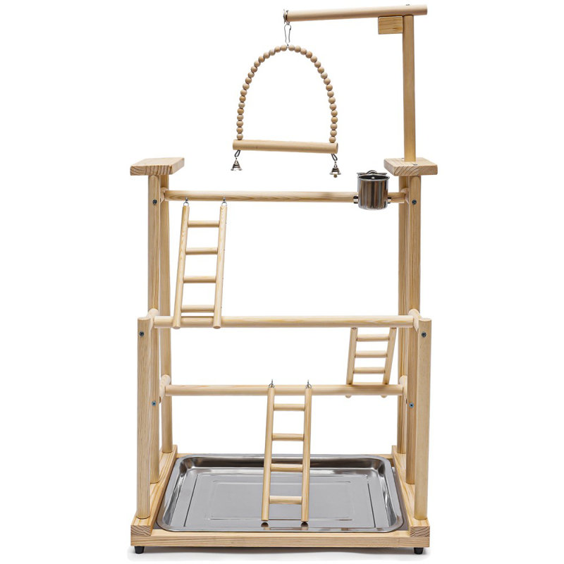 Natural Wood Three-Layer Bird Playground with Swing and Ladder