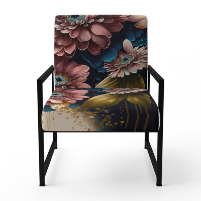 Burgundy And Blue Daisy Bunch I - Upholstered Farmhouse Arm Chair, Daisy Floral Accent Chair