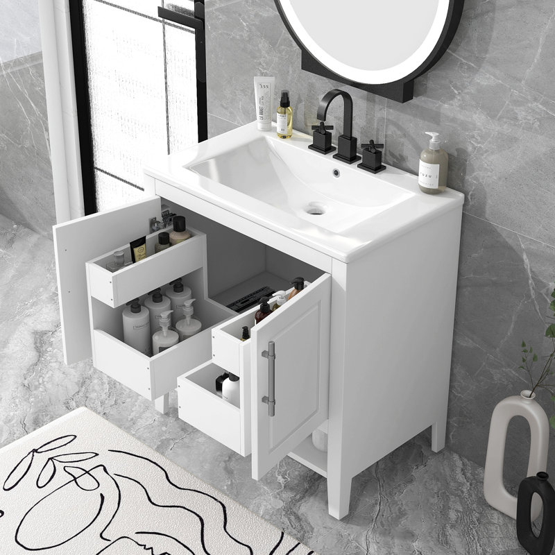 Meuble-lavabo 30 po avec lavabo, armoire de salle de bain multifonctionnelle avec portes et tiroirs, structure solide et panneau en bois aggloméré, blanc