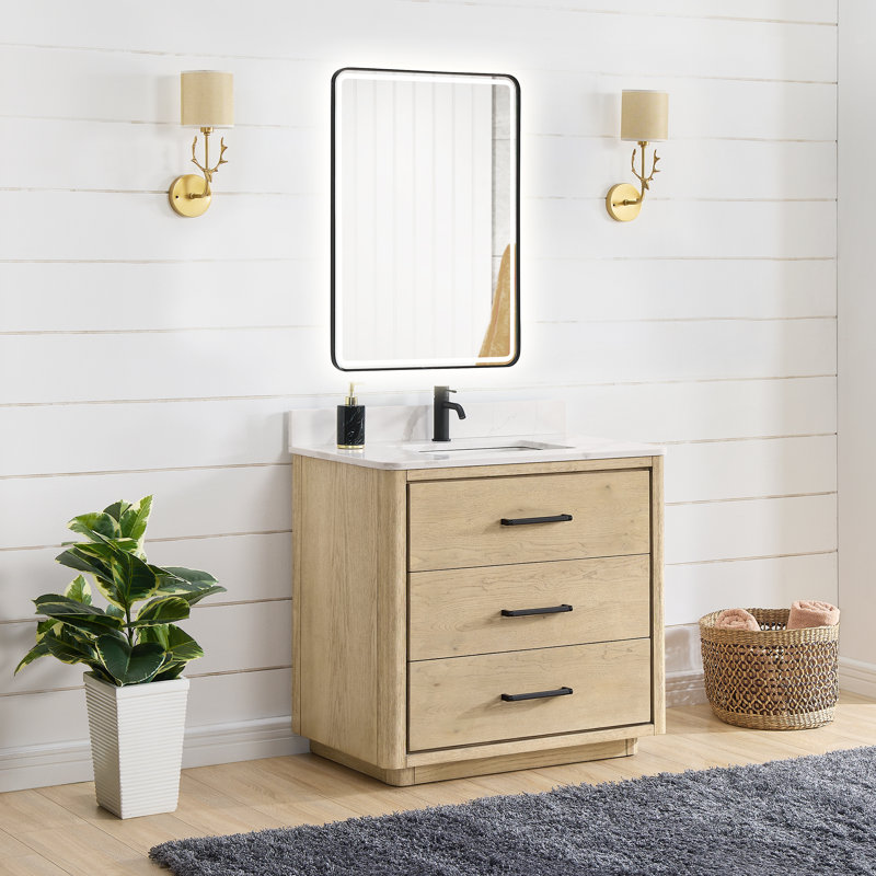 Porto 36'' Free Standing Single Bathroom Vanity with Quartz Top, Natural, Matte Black