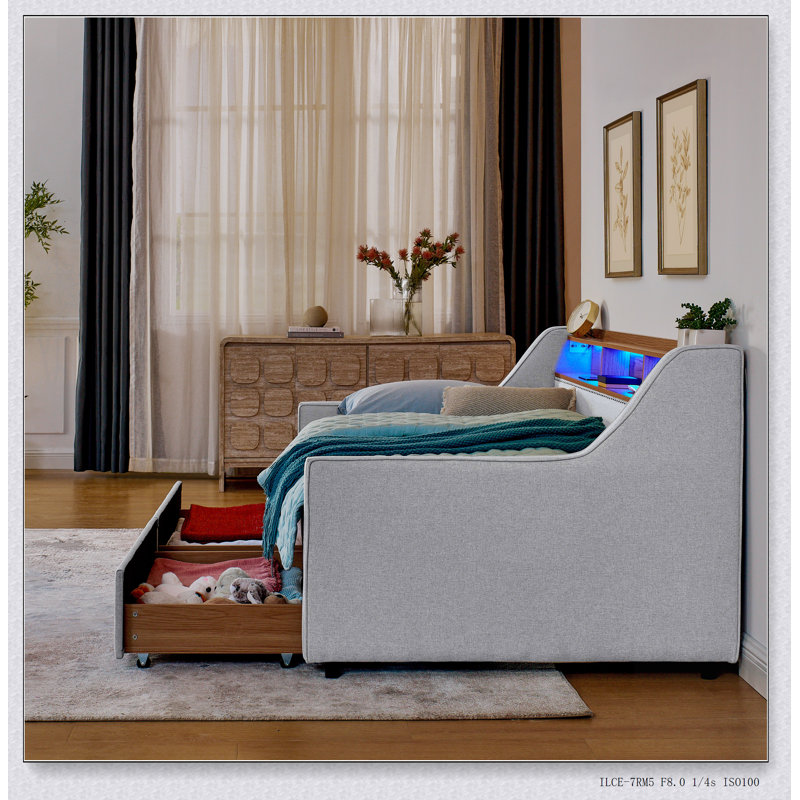 Upholstery Sofa Bed With Three LED Lights, With Storage Adjustable Headboard