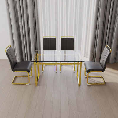 Ensemble de table de salle à manger en verre pour 4 personnes, ensemble de table de salle à manger et chaises avec pieds plaqués pour la cuisine, plateau de table rectangulaire moderne en verre trempé et chaise de salle à manger en polyuréthane sans