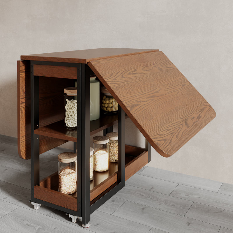 Table de salle à manger pliable avec tablettes de rangement, table à abattants peu encombrante avec structure en métal pour la cuisine et les petits espaces