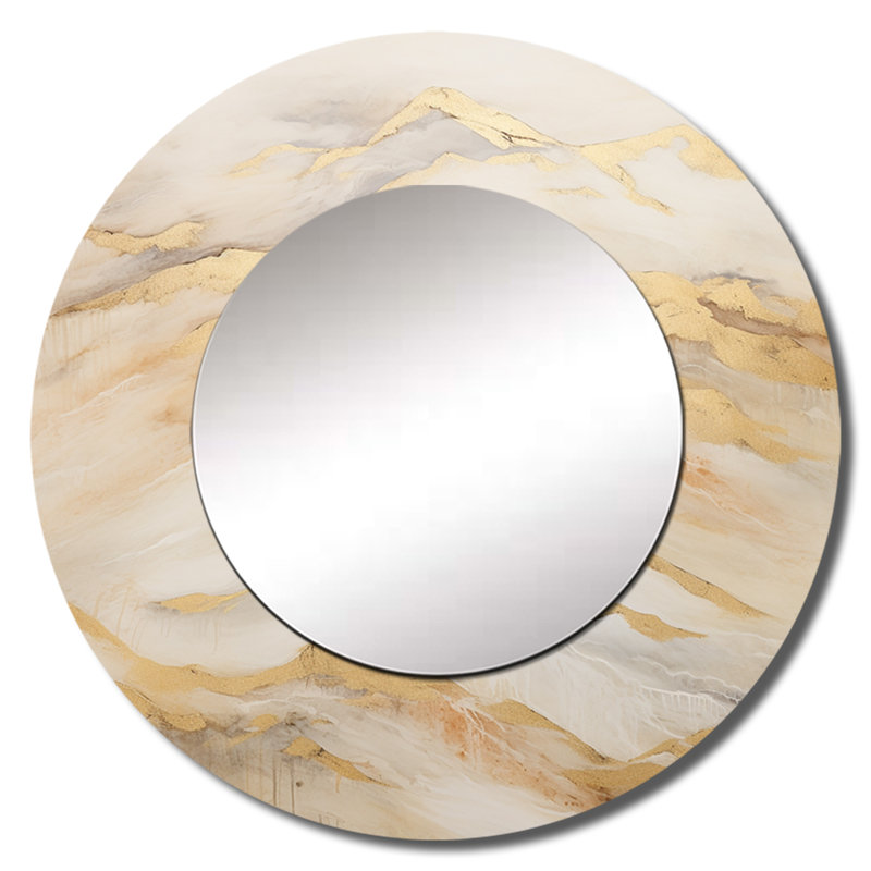 Grand miroir mural Roneika Alpine Mountain Harmony III - montagnes, miroir décoratif rond beige, impression d'art en métal