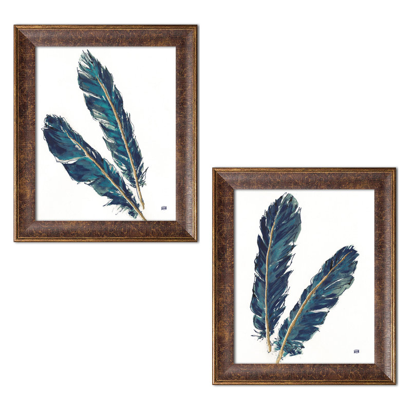 « gold plumes iii & iv indigo crop », ensemble de 2 reproductions de peintures à l’acrylique, Papier avec cadre blanc
