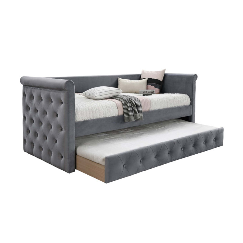 Lit de jour de style contemporain avec lit gigogne capitonné à boutons de style contemporain, Grey