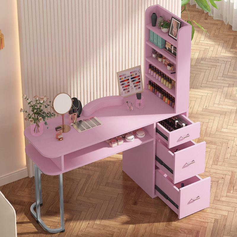 Table manucure avec récupérateur de poussière, tiroirs de rangement et coussin de poignet, rose