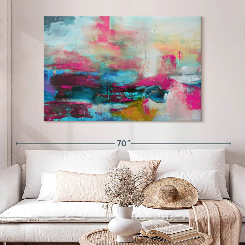 Avery abstrait rose turquoise, H 34 po x l 51 po