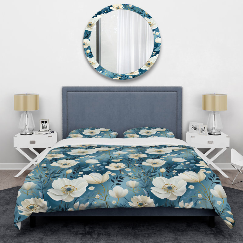 White And Blue Blossoms Meadow Serenity I - Ensemble de housse de couette à motif floral