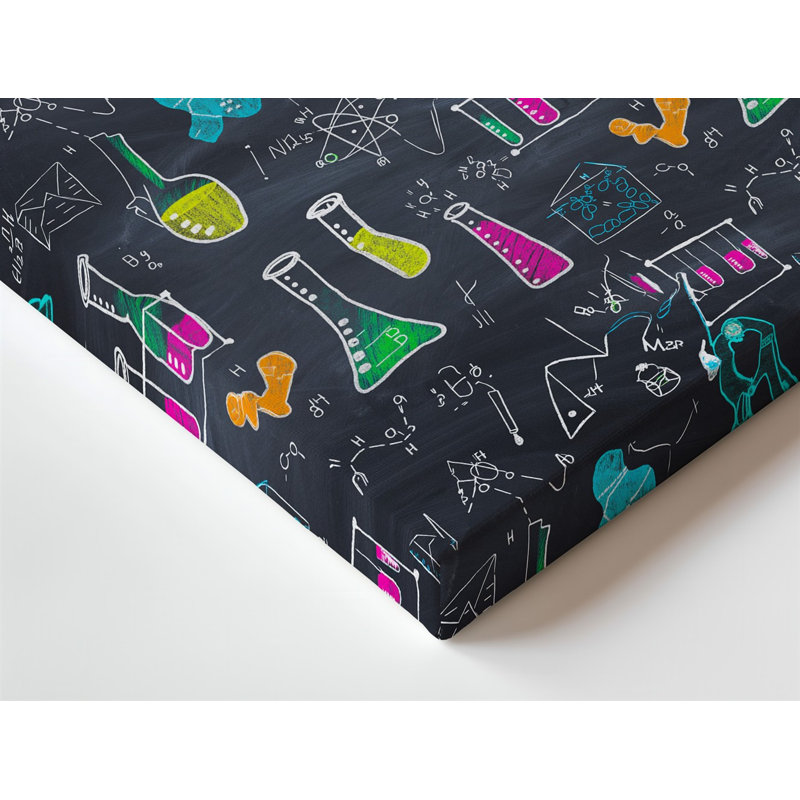 "Toile", un thème éducatif vibrant avec un tableau de main, éléments scientifiques dessinés sur un tableau noir foncé, art mural