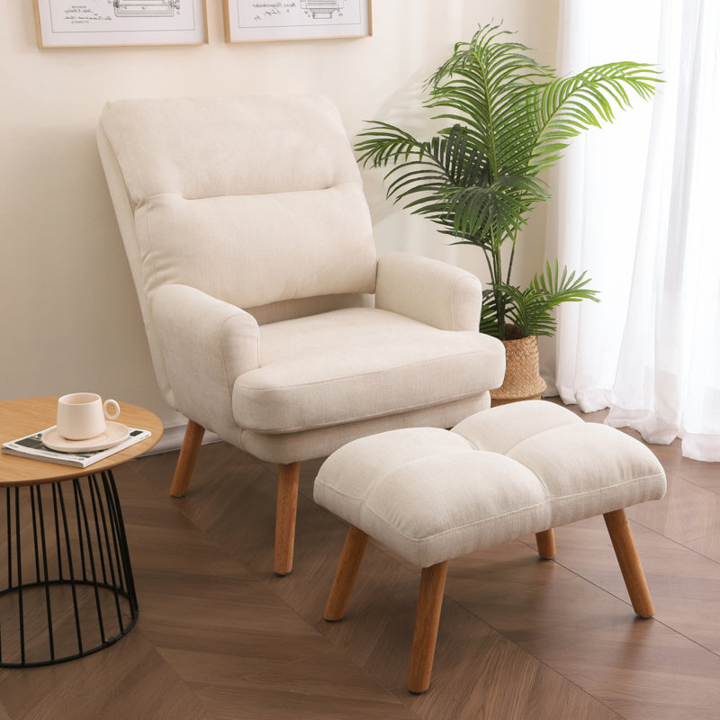 Fauteuil d'appoint moderne avec repose-pieds, fauteuil en tissu avec pieds en bois et dossier réglable, Beige