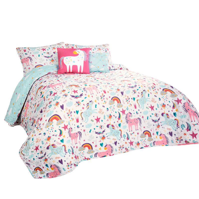 Unicorn Heart Quilt Set, Twin Quilt + 1 Sham + 2 Pillows, White