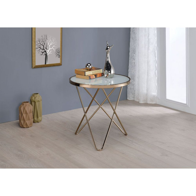 Theydon Contemporary 22"Dia Round Glass Cross Legs End Table in Champagne, White