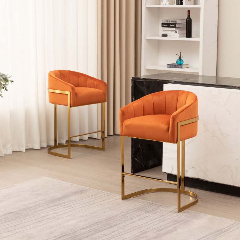 Yes Upholstered Velvet Bar Stool, Orange