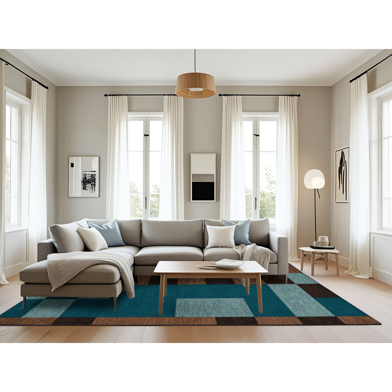 Tapis bleu à carreaux lavable à la machine, Rectangle 6 pi x 9 pi