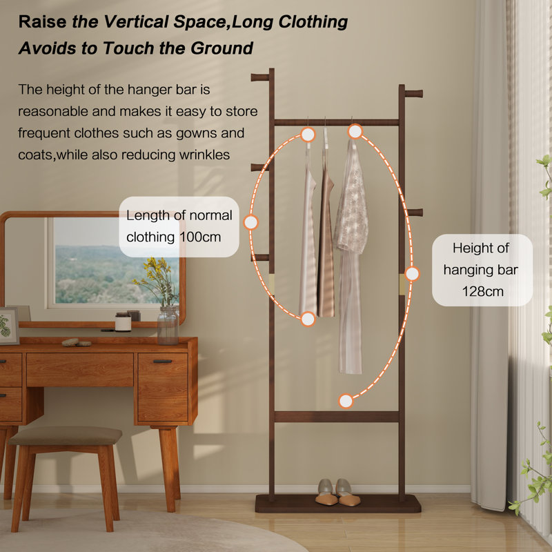 Walnut Solid Wood Freestanding Coat Rack with Shelves and Hooks