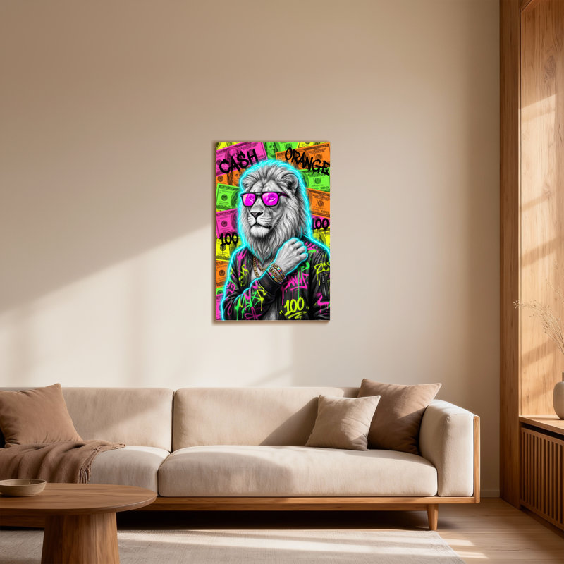 Animaux, lion coloré avec lunettes de soleil et fond d'argent, H 24 po x l 16 po