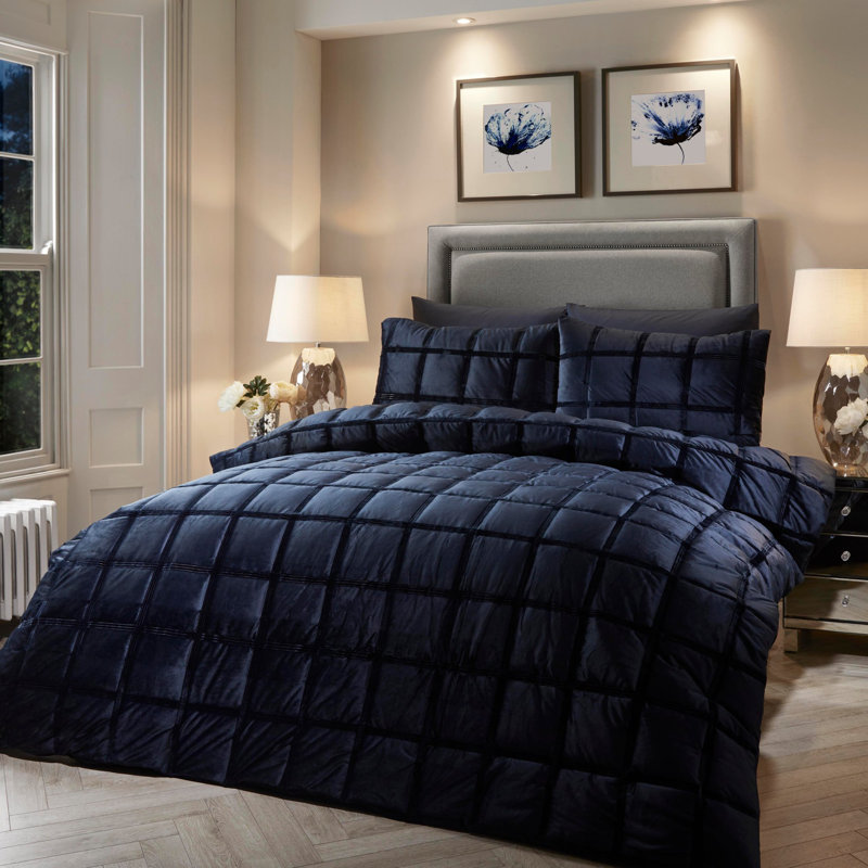 Brighton Square Velvet Geometric Shapes Duvet Cover Set with Pillowcases, Super King - 2 Standard Pillowcases, Navy