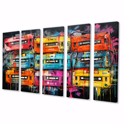 Neon Groove Cassette Tapes II - Cassette Tapes, art mural 5 pièces pour le salon