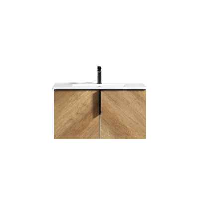 Meuble-lavabo mural 36 po avec panneau cannelé 3D et lavabo intégré en céramique