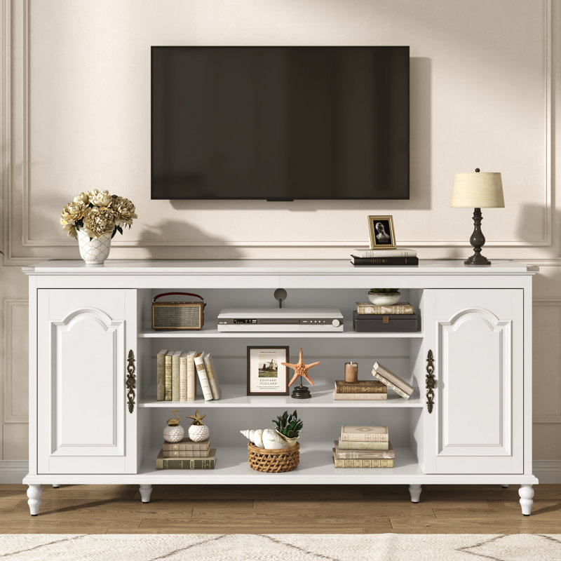 Meuble télé 69 po avec tablettes réglables, passe-câbles, pieds en bois massif et portes 69 po, Blanc