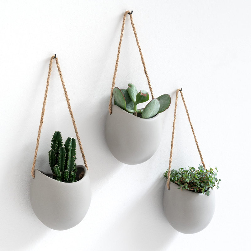 Pots de plantes suspendus en céramique 3 pièces, Gris clair