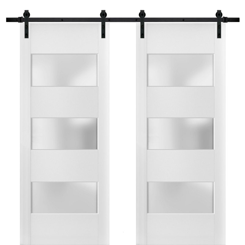 Portes de grange en verre givré blanc Lucia avec trousse de quincaillerie d'installation, Noir, 60 po x 84 po
