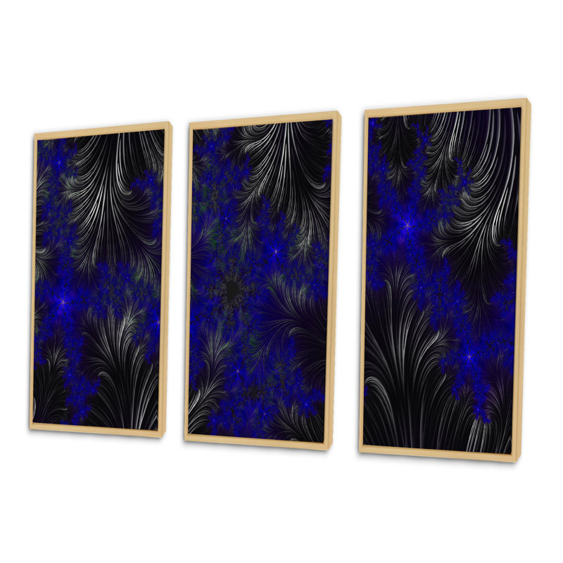 «Black and Blue Fractal Leaves», impression sur toile flottante 3 pièces, H 32 po x l 48 po x P 1 po, Cadre brun