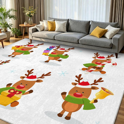 Tapis d'intérieur rouge lavable à la machine, motif renne mignon