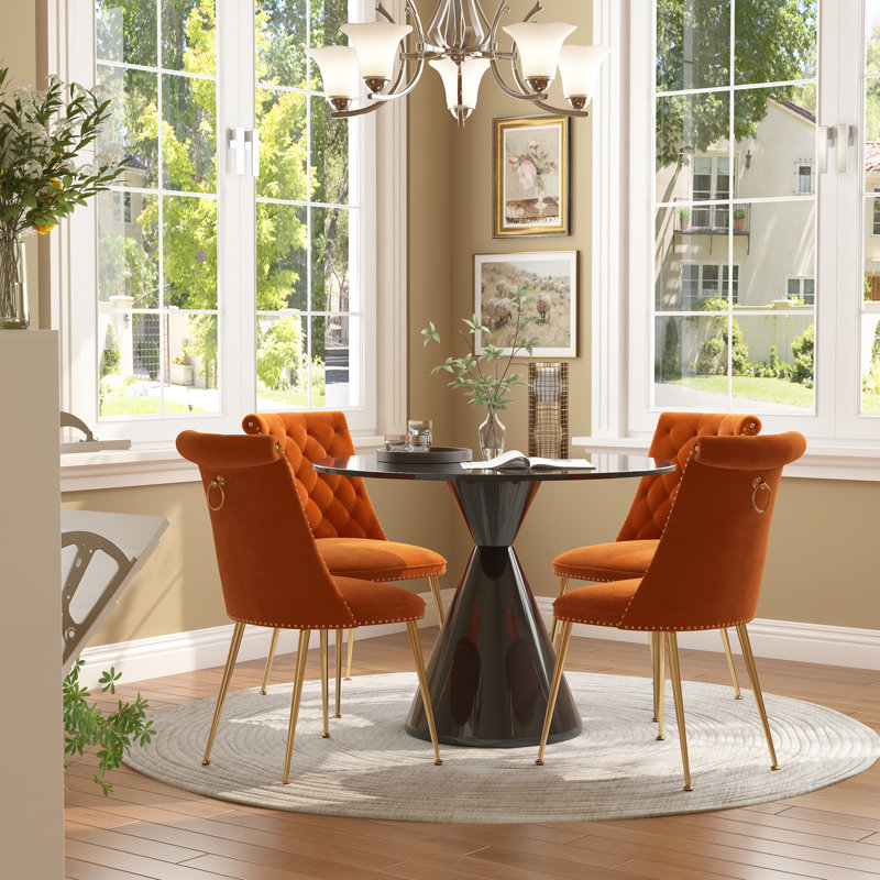 Magallanes 4-Person Round Table Velvet Chairs Dining Set, Lake Green, Black, Black