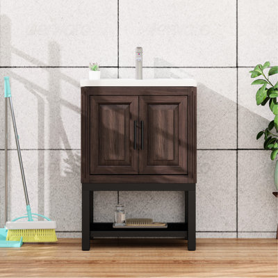 Meuble-lavabo 24 po, lavabo en céramique sans soudure blanc, robinet d'eau chaude et froide de haute qualité, portes d'armoire, tablette ouverte, poignées en métal, design moderne, aluminium autoportant lisse noyer