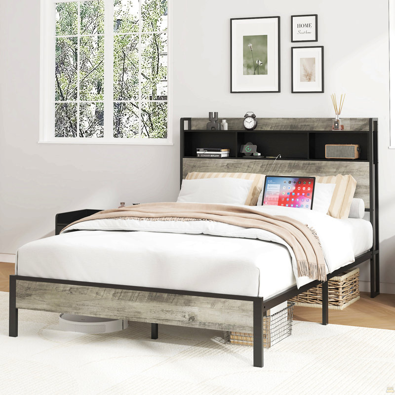 Structure de lit double, structure de lit plateforme en bois, avec rangement et 2 tablettes, sans bruit, Lit double