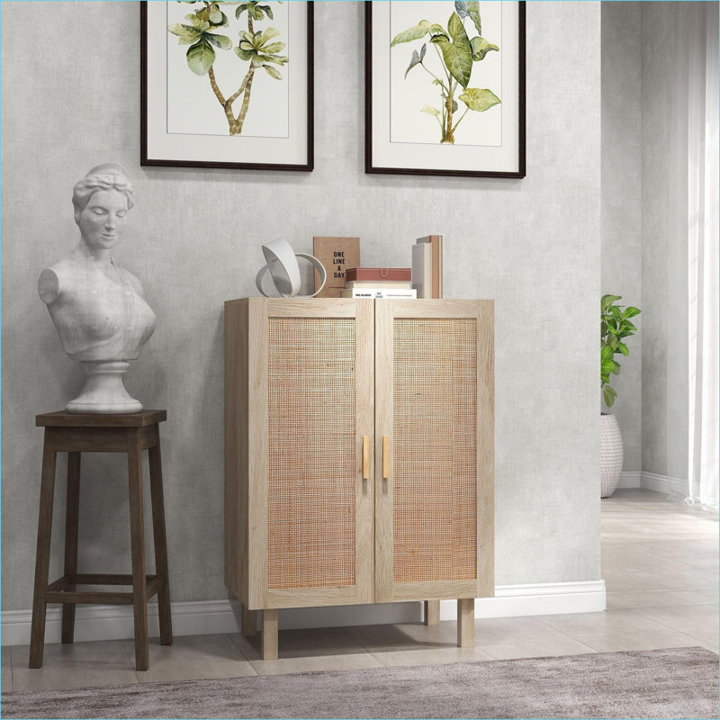 Armoires | Buffet buffet HOMcom, 2 portes en rotin, tablettes de rangement réglables, finition naturelle | Bohémien | Cuisine