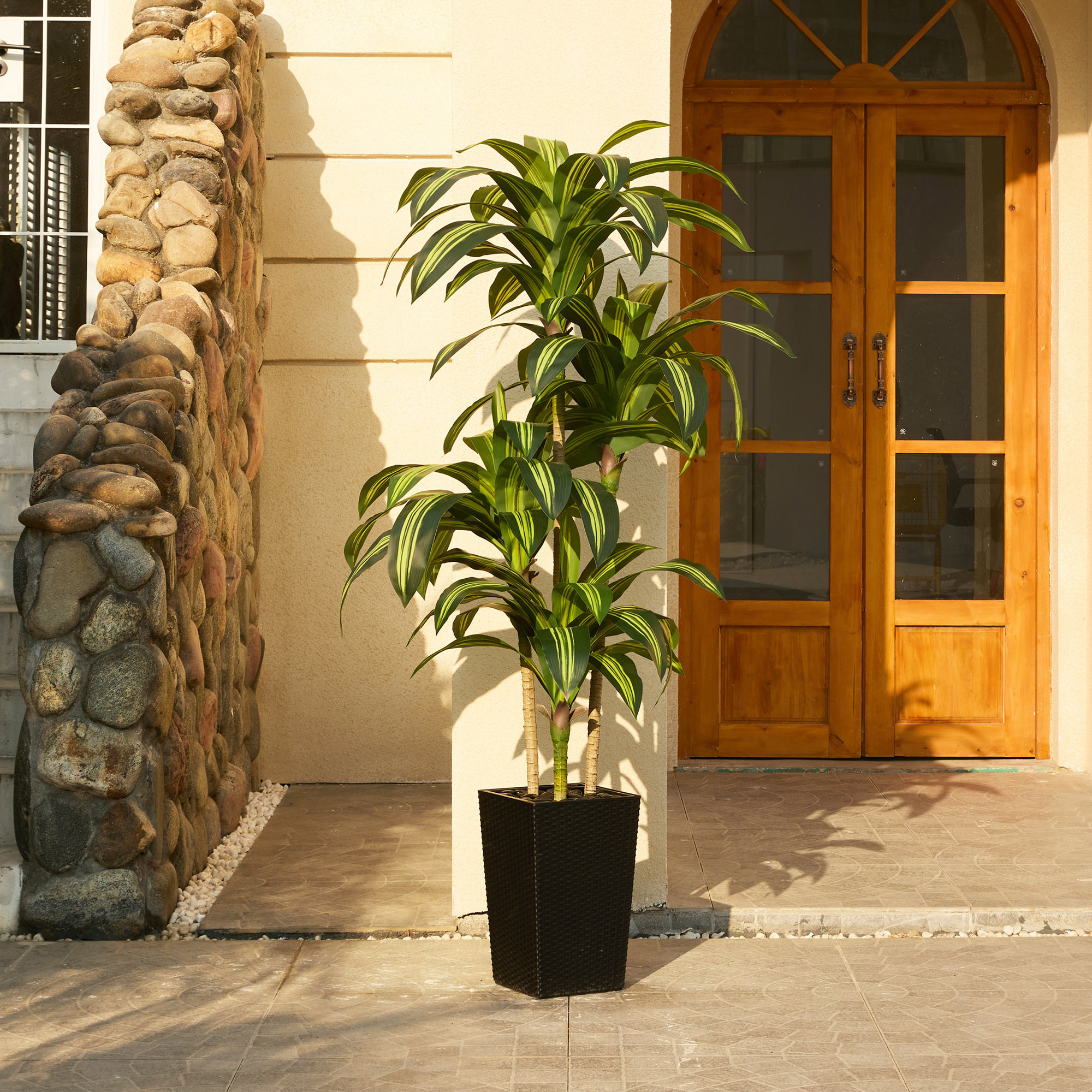 Almina UV Resistant Artificial Yellow Dracaena Tree, Faux Tree with Large Base for Indoor Outdoor, 72" H x 24" W x 24" D