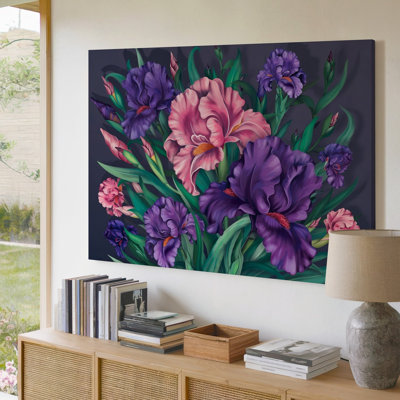 Reproduction d'art sur toile, composition florale éclatante «Forth with large Blooming Iris» en mauve foncé, rose tendre et subtiles impressions sur toile