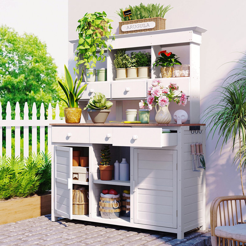 Table de jardin haute avec huche, poste de travail de rangement pour patio avec 3 tablettes, 6 tiroirs, 2 armoires inférieures et crochets latéraux pour vestibule, porte, blanc