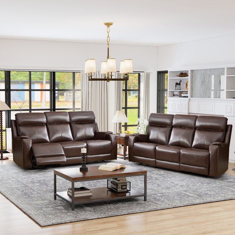 81.09" W Top Genuine Leather Power Reclining Sofa With Adjustable Headrest, USB & Wireless Charging(Set Of 2), Espresso Brown