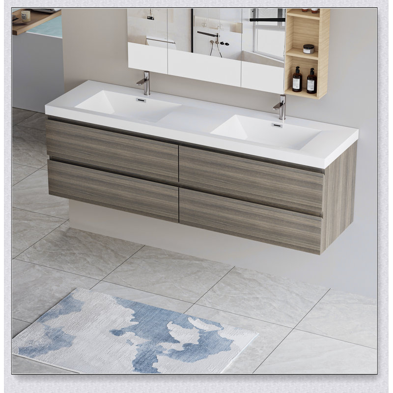 Meuble-lavabo flottant avec lavabo, meuble-lavabo mural moderne avec deux lavabos en quartz et quatre tiroirs à fermeture en douceur, 24V12-72GR