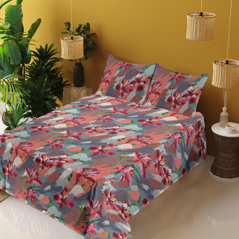Ambesonne Watercolor Botany Sheet Set 4 Pcs Retro Boho Bloom, Dark Pink Coral Indigo Floral
